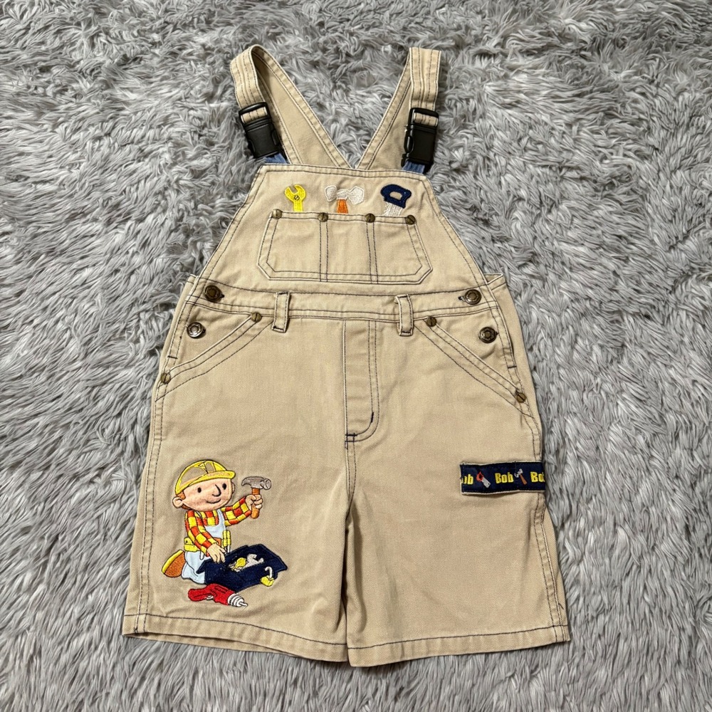 Vintage Y2K Bob The Builder‎ Shorts Overalls Khaki Embroidered Toddler 4T